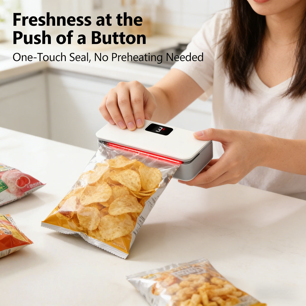 🛍️ USB-C Rechargeable Mini Bag Sealer – One-Touch, Adjustable & Portable Freshness